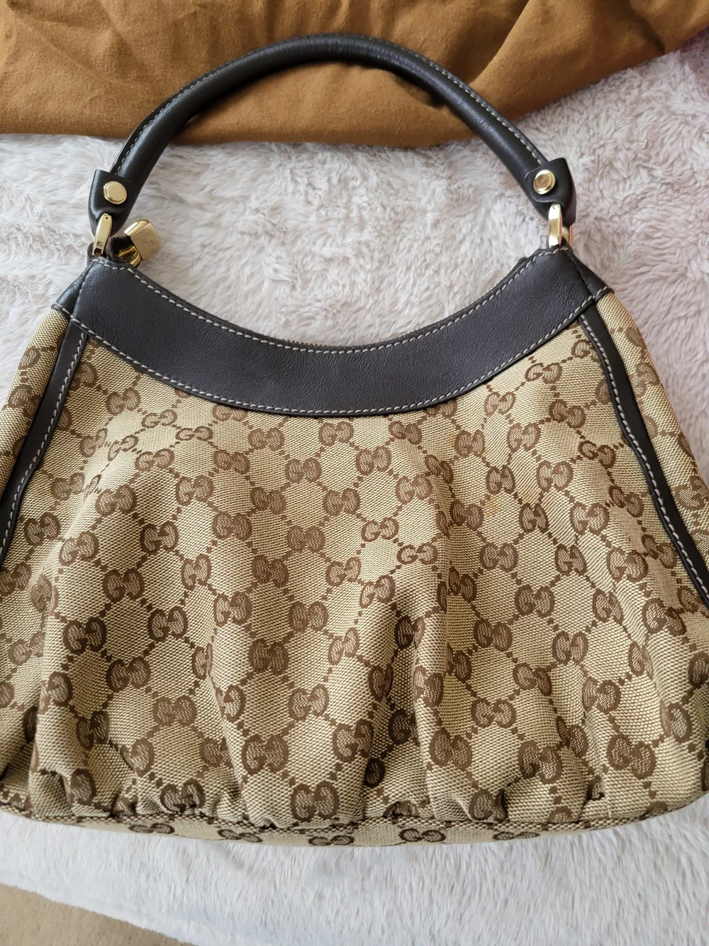 Gucci Beige GG Canvas and Brown Leather Top Handle Bag - Picture 2 of 15